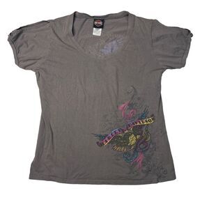 Harley Davidson Scoop Neck Graphic Baby Tee T-Shirt Biker Bling Y2K Gray XL